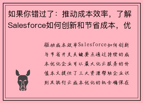 如果你错过了：推动成本效率，了解Salesforce如何创新和节省成本，优化成本节约 云财务管理